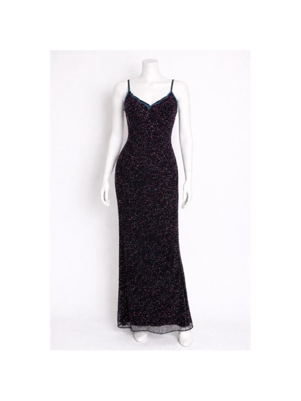 VTG 90s Papell Boutique Sequin Fully Beaded Slinky 100% Silk Gown 4P NWT